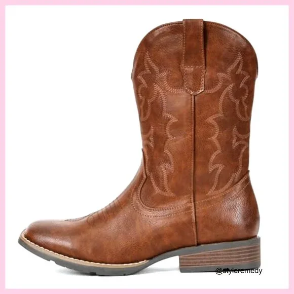 Men's Square Toe Cowboy Boots Pull-On Western Boots Slip Resistant